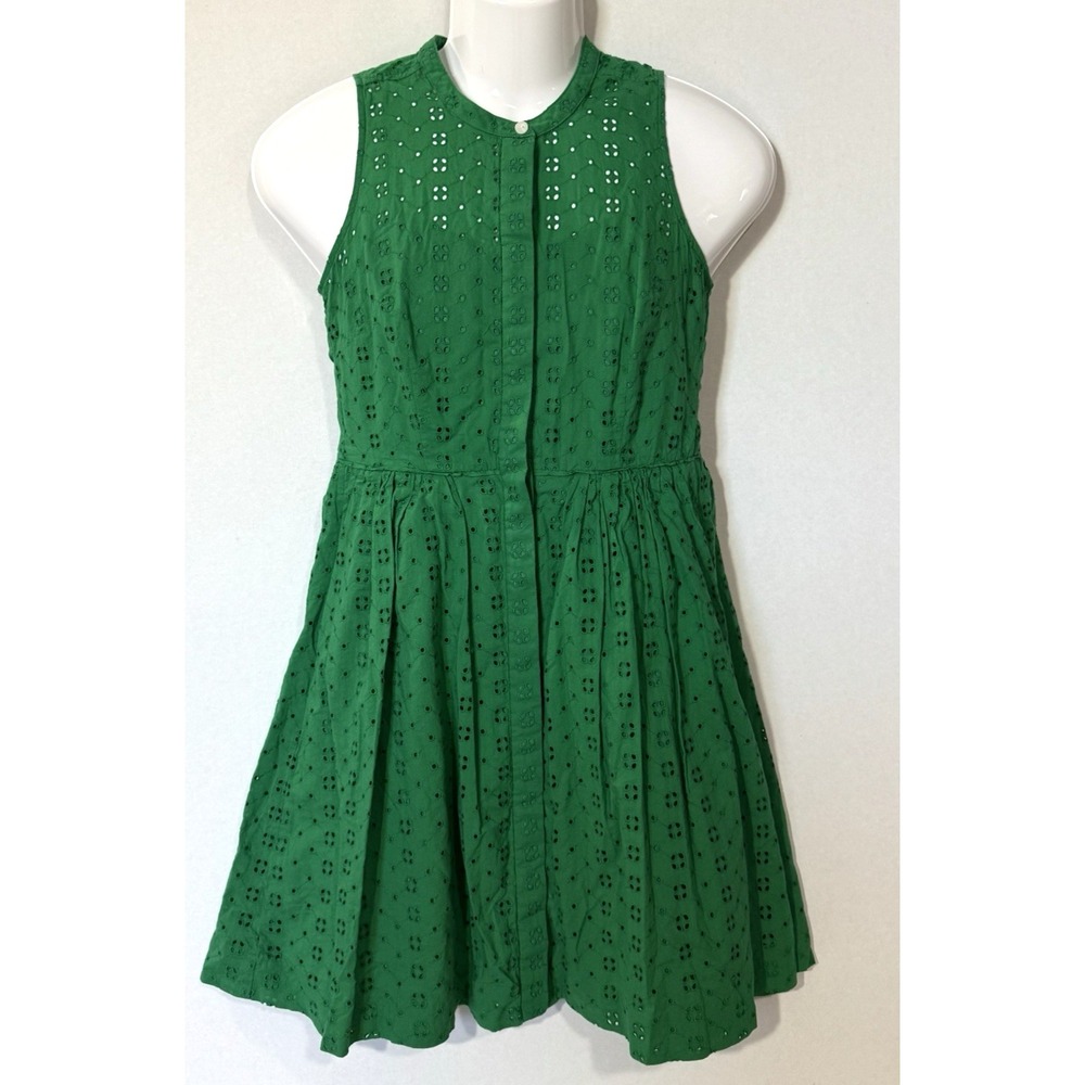 J Crew Factory Dress Womens XS Green Clover Eyelet Full Button Lined Sleeveless